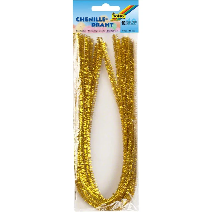 folia 77865 - Chenilledraht, Pfeifenputzer, 10 Stück in gold, Durchmesser 8 mm und 50 cm lang, ideal für Kinder zum Basteln und Gestalten von Tieren, Figuren und anderen Formen – Bild 1
