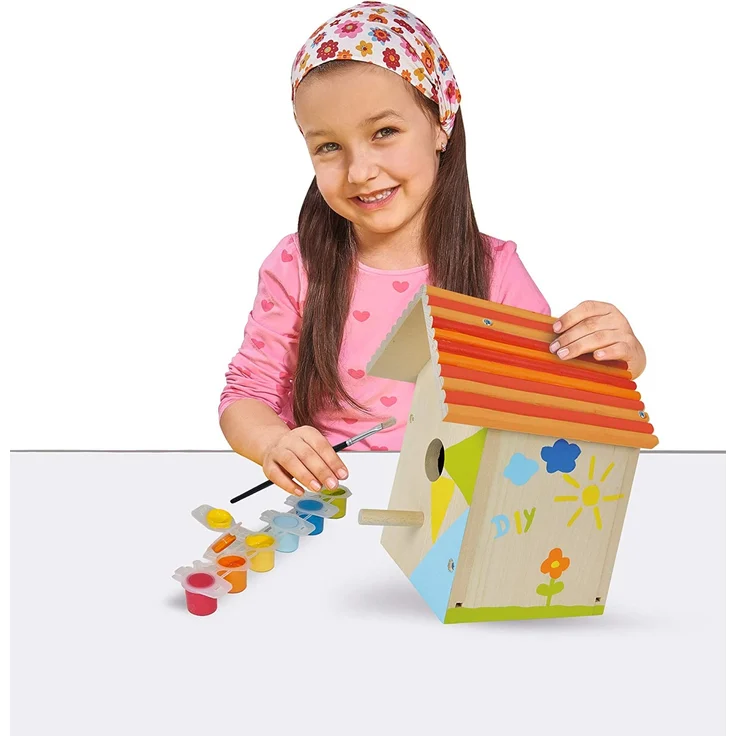 Eichhorn 100004581 Outdoor-100004581-Vogelhaus aus Holz, zum Zusammenbauen und Bemalen, inkl. Pinsel und Farben, 14x14x24cm Lindenholz, DIY, Bunt – Bild 3