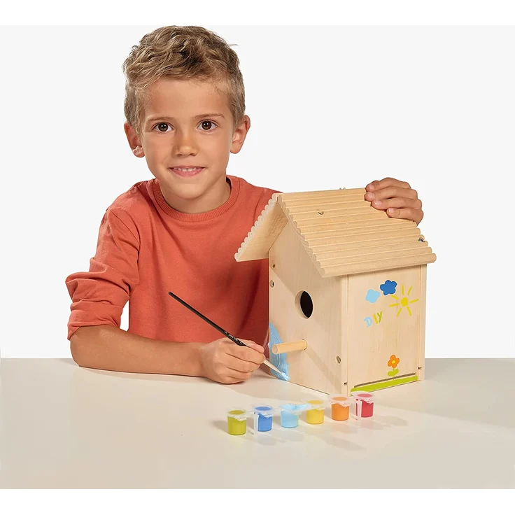Eichhorn 100004581 Outdoor-100004581-Vogelhaus aus Holz, zum Zusammenbauen und Bemalen, inkl. Pinsel und Farben, 14x14x24cm Lindenholz, DIY, Bunt – Bild 5