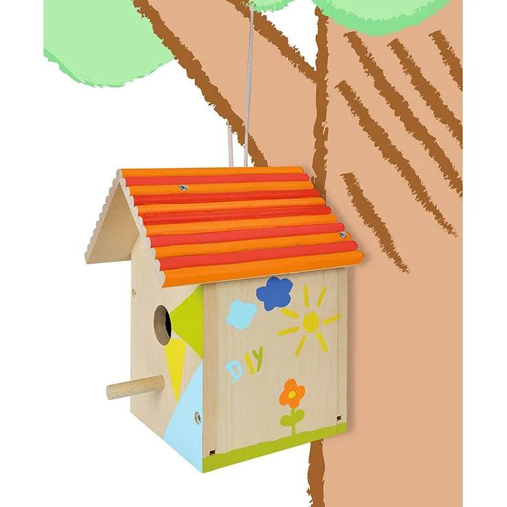 Eichhorn 100004581 Outdoor-100004581-Vogelhaus aus Holz, zum Zusammenbauen und Bemalen, inkl. Pinsel und Farben, 14x14x24cm Lindenholz, DIY, Bunt – Bild 12