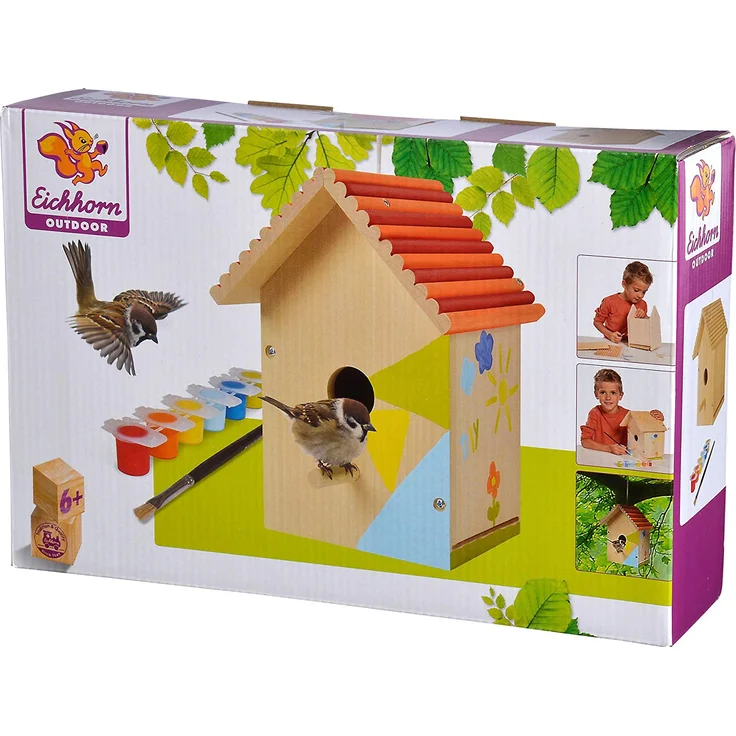 Eichhorn 100004581 Outdoor-100004581-Vogelhaus aus Holz, zum Zusammenbauen und Bemalen, inkl. Pinsel und Farben, 14x14x24cm Lindenholz, DIY, Bunt – Bild 1