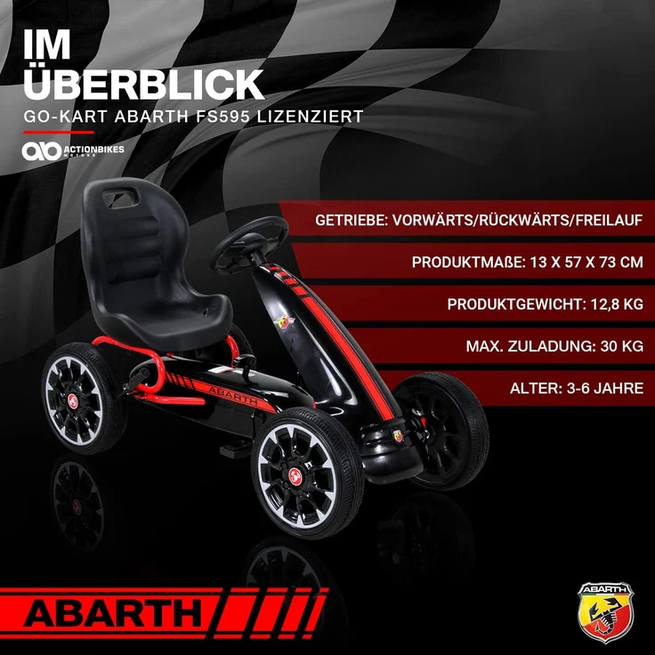 Actionbikes 'ABARTH' Gokart, ab 4 Jahren, EVA Reifen, max. belastbar bis 30 kg, Handbremse, Freilauf, schwarz – Bild 10
