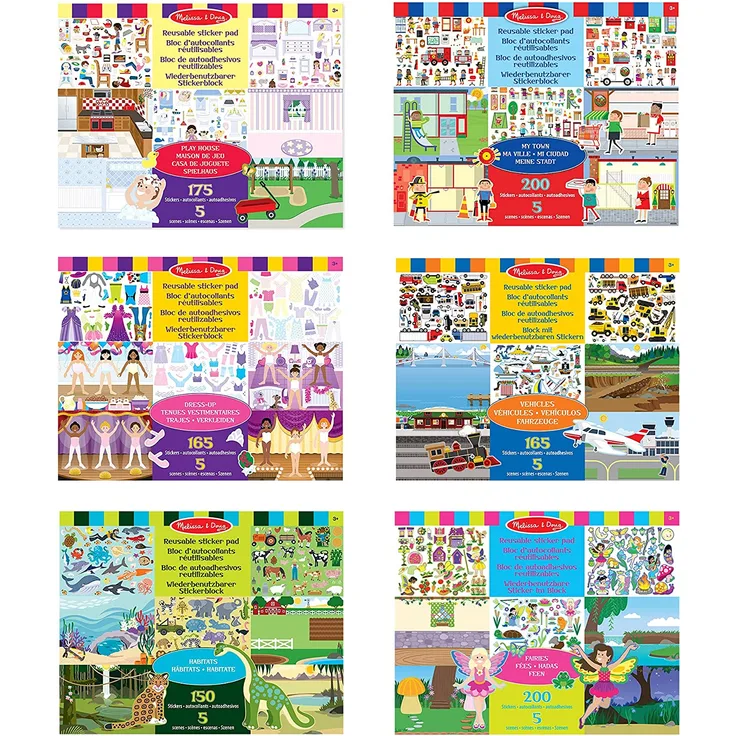 Melissa & Doug | Pack mit 6 | Wiederverwendbare Sticker-Blöcken – Spielhaus Ankleiden Lebensräume Meine Stadt Fahrzeuge und Feen.
