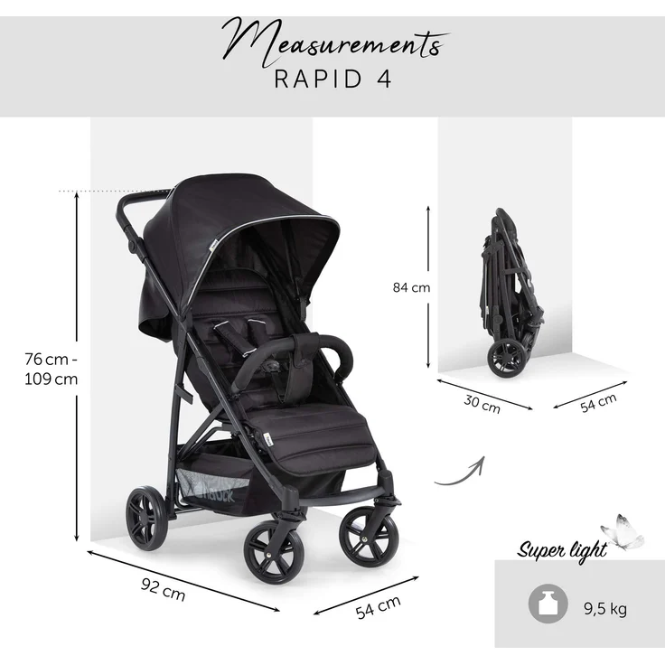 Hauck Buggy Rapid 4 bis 25 kg, Kinderbuggy Klein Zusammenklappbar, mit Liegefunktion, Höhenverstellbar, Großer Korb, Schwarz – Bild 3