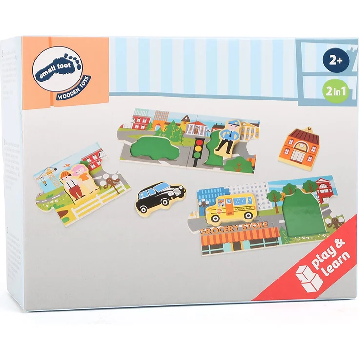 Small Foot 10794 Storypuzzle Stadt aus bemaltem Holz aus fünf großen, Puzzleteil beinhaltet EIN extra Setzpuzzle, REGT Fantasie und Sprachentwicklung an und fördert die Motorik – Bild 4