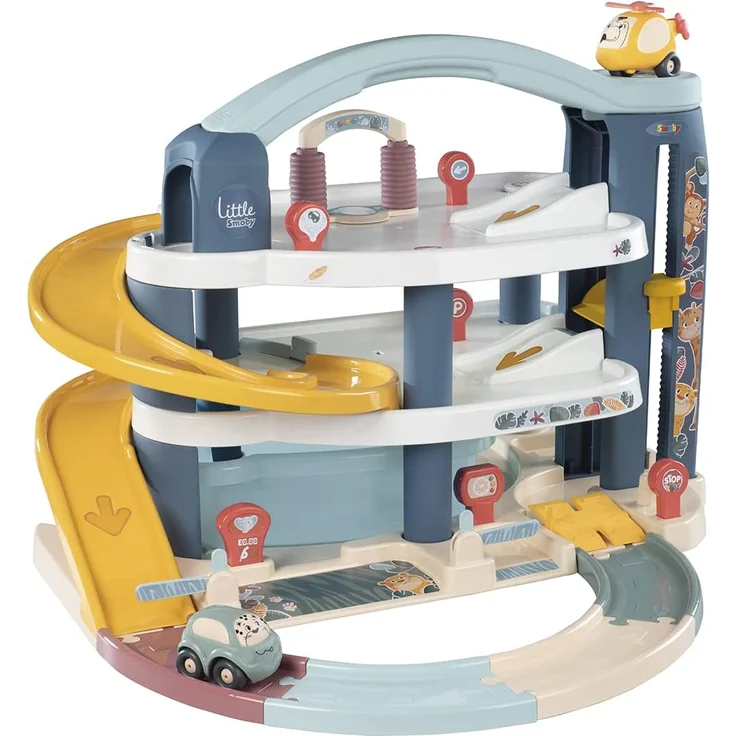 Smoby Toys - Little Smoby Parkhaus für Kinder ab 18 Monaten - große Parkgarage inkl. 1 Auto, 1 Hubschrauber, Aufzug und Zubehör – Bild 1