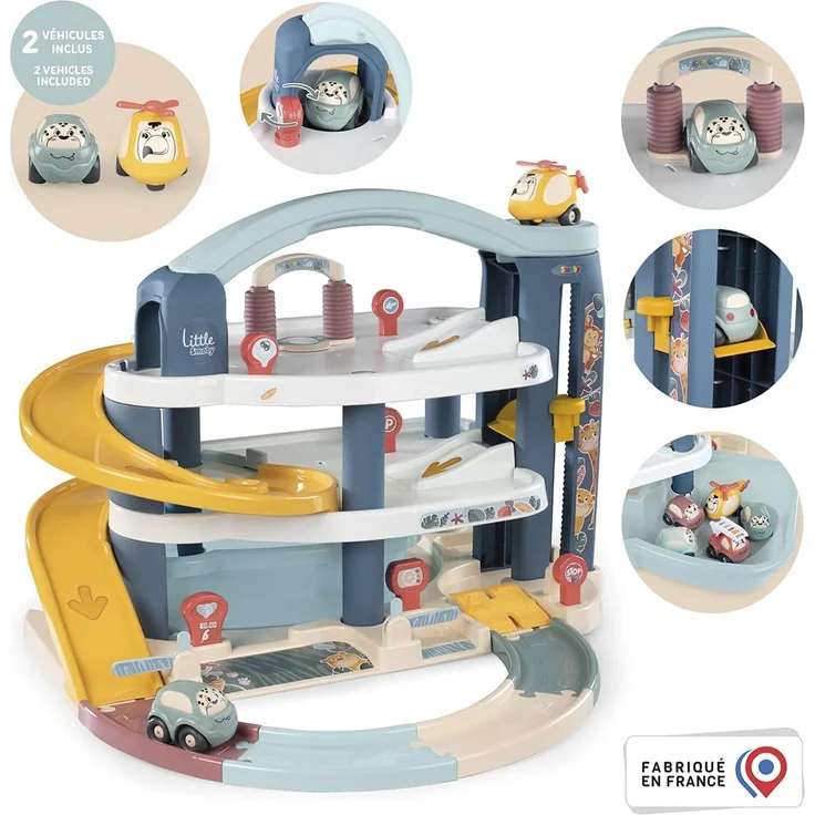 Smoby Toys - Little Smoby Parkhaus für Kinder ab 18 Monaten - große Parkgarage inkl. 1 Auto, 1 Hubschrauber, Aufzug und Zubehör – Bild 2