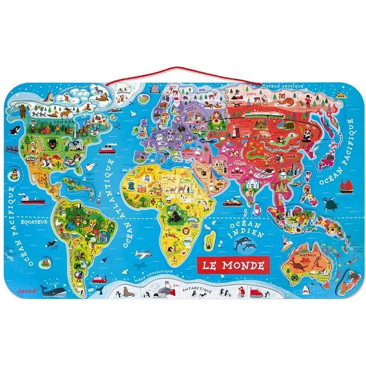 Janod J05500 Puzzle Magnetische Landkarte Die Welt aus Holz 92 Teile, Französisch – Bild 1