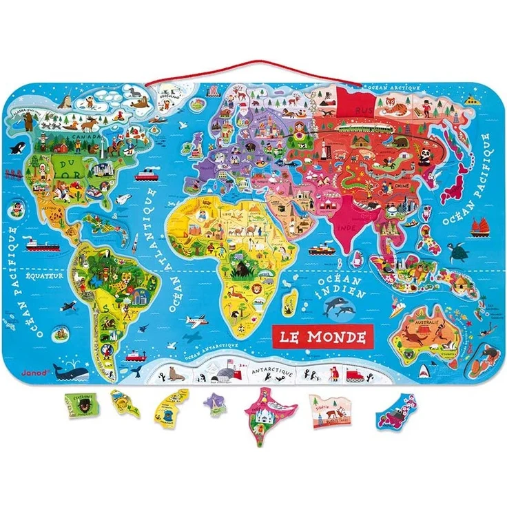 Janod J05500 Puzzle Magnetische Landkarte Die Welt aus Holz 92 Teile, Französisch – Bild 2