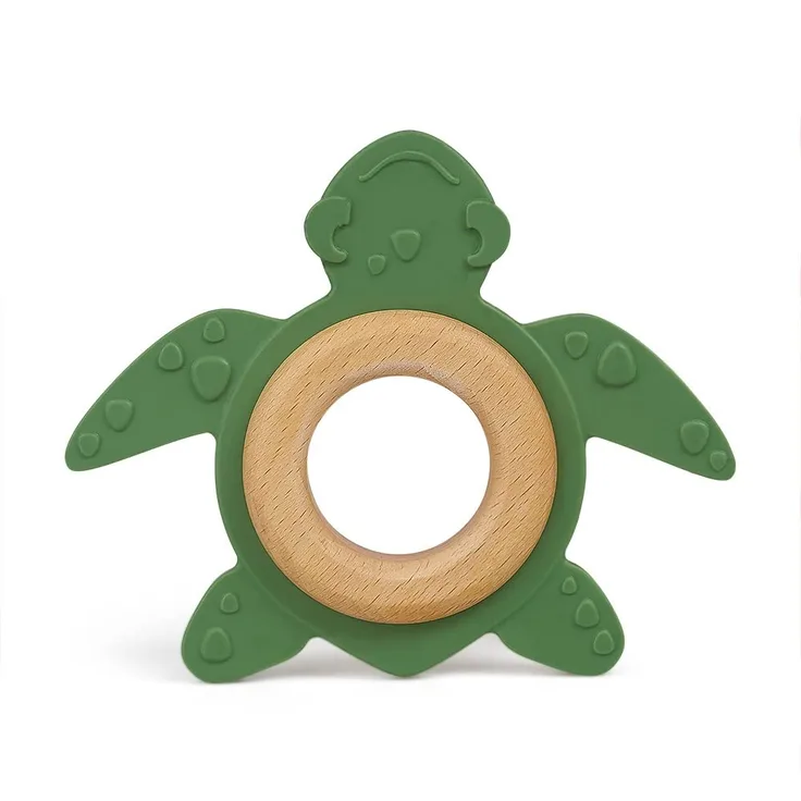 GRÜNSPECHT Bio-Beißtier aus Naturkautschuk mit Holzring, Zahnungshilfe & Spielzeug, massiert Zahnfleisch, BPA frei, fördert Feinmotorik, Schildkröte, grün (689-00)