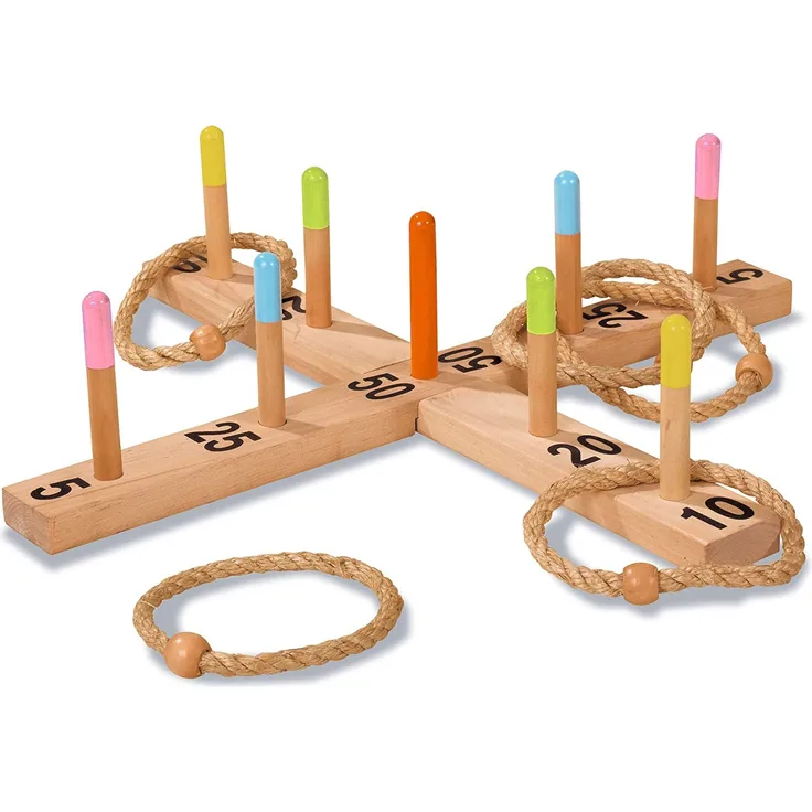 Eichhorn 100004505 - Outdoor Ringwurfspiel - 50x50cm mit 5 Wurfringen, 1 Kreuz, 9 Spielstäben, aus Kiefernholz