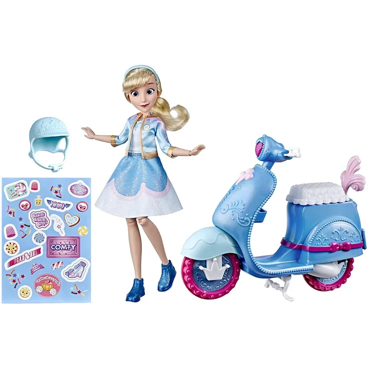 Disney Princess Comfy Squad Cinderella Sweet Scooter, Fashion Doll mit Scooter, Helm und Aufklebern, Spielzeug für Mädchen ab 5 Jahren