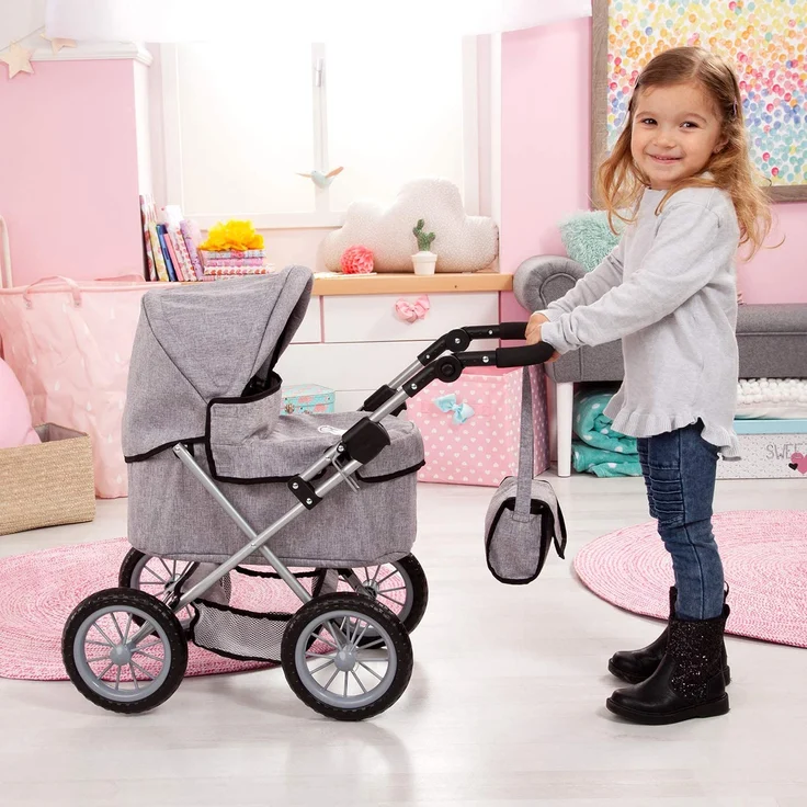 Bayer Design 13010AA Puppenwagen Trendy, höhenverstellbar, zusammenklappbar, mit Tragetasche und Einkaufskorb, grau, mit Krone – Bild 6