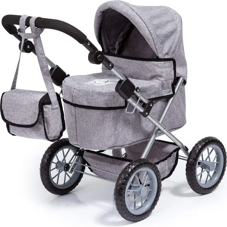 Bayer Design 13010AA Puppenwagen Trendy, höhenverstellbar, zusammenklappbar, mit Tragetasche und Einkaufskorb, grau, mit Krone