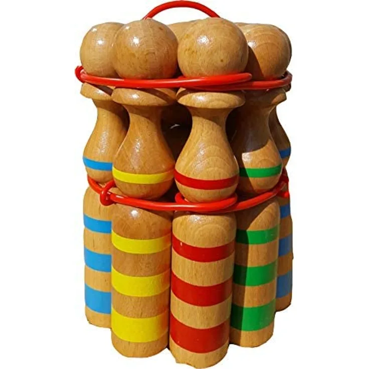 GICO Kegelspiel Kegel Set Bowling aus Holz groß für Kinder und Erwachsene - Massivholz 24 cm, gestre
