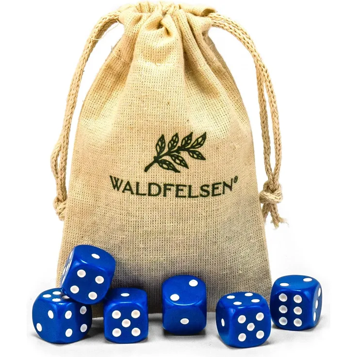 6 hochqualitative Würfel von Waldfelsen® Standardgröße 16 mm Acrylwürfel Knobel Spielwürfel Dice 6-seitig sechsseitig Spielzubehör Set mit Stoffbeutel (Blau, 6 Stück)