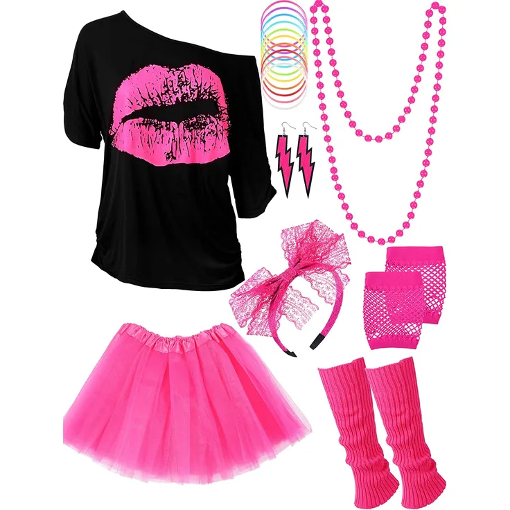 Blulu 80 Jahre Kostüm Zubehör für Damen Set, T-Shirt Lippenprint Erwachsener Tutu Rock Spitzen Stirnband Neon Ohrringe Halskette Beinlinge Netz Handschuhe Armband (Rose Red, XXL) - Preisvergleich