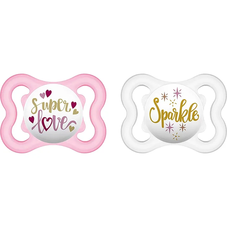 MAM Air Silikon Schnuller im 2er-Set, extra leichtes und luftiges Schilddesign, zahnfreundlicher Baby Schnuller aus speziellem MAM SkinSoft Silikon mit Schnullerbox, 0 - 6 Monate, rosa