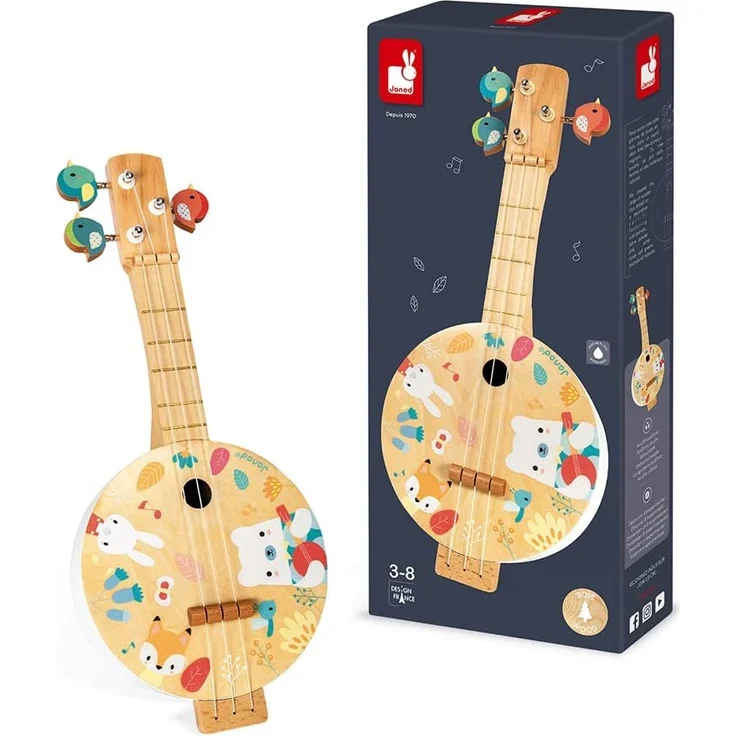 Janod - Pure Banjo - Holz Musikinstrument für Kinder mit Hübschen Illustrationen - Stimmschlüssel in Vogelform - 3 Ersatzsaiten - Farben auf Wasserbasis - Ab 3 Jahren, J05160 – Bild 6