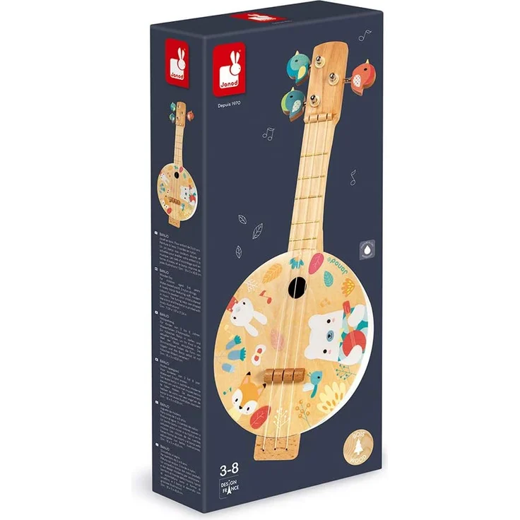 Janod - Pure Banjo - Holz Musikinstrument für Kinder mit Hübschen Illustrationen - Stimmschlüssel in Vogelform - 3 Ersatzsaiten - Farben auf Wasserbasis - Ab 3 Jahren, J05160 – Bild 4