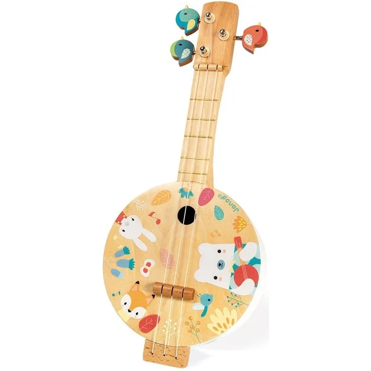 Janod - Pure Banjo - Holz Musikinstrument für Kinder mit Hübschen Illustrationen - Stimmschlüssel in Vogelform - 3 Ersatzsaiten - Farben auf Wasserbasis - Ab 3 Jahren, J05160