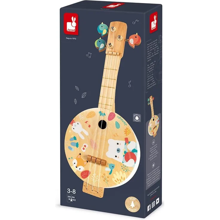 Janod - Pure Banjo - Holz Musikinstrument für Kinder mit Hübschen Illustrationen - Stimmschlüssel in Vogelform - 3 Ersatzsaiten - Farben auf Wasserbasis - Ab 3 Jahren, J05160 – Bild 5