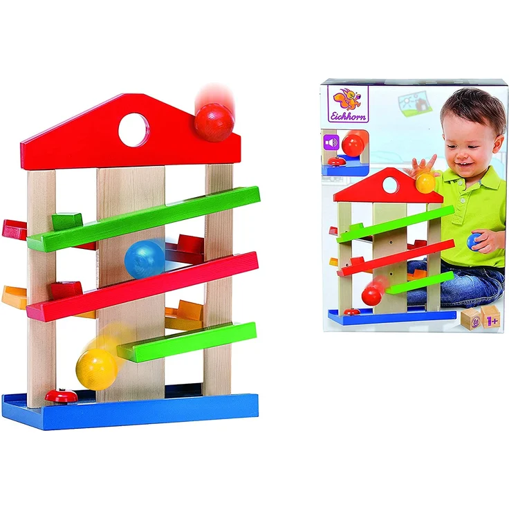 Eichhorn Kugelbahn-Haus, 4-teilig, bunte Rollbahn aus Holz mit Glocke und drei Kugeln Lindenholz, Motorikspielzeug für Kinder ab 1 Jahr, Größe: 25 x 34 cm – Bild 2