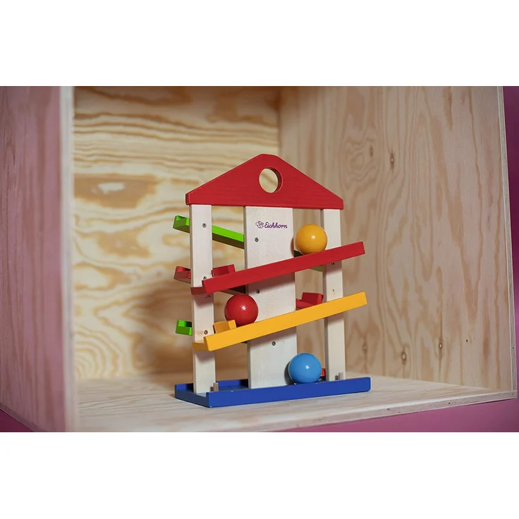 Eichhorn Kugelbahn-Haus, 4-teilig, bunte Rollbahn aus Holz mit Glocke und drei Kugeln Lindenholz, Motorikspielzeug für Kinder ab 1 Jahr, Größe: 25 x 34 cm – Bild 5