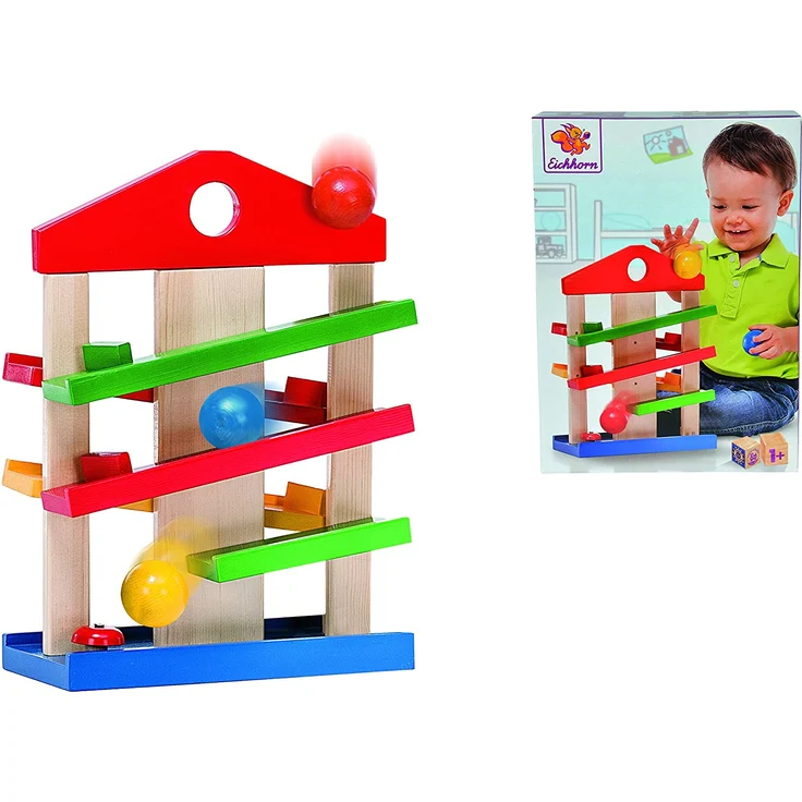 Eichhorn Kugelbahn-Haus, 4-teilig, bunte Rollbahn aus Holz mit Glocke und drei Kugeln Lindenholz, Motorikspielzeug für Kinder ab 1 Jahr, Größe: 25 x 34 cm – Bild 9
