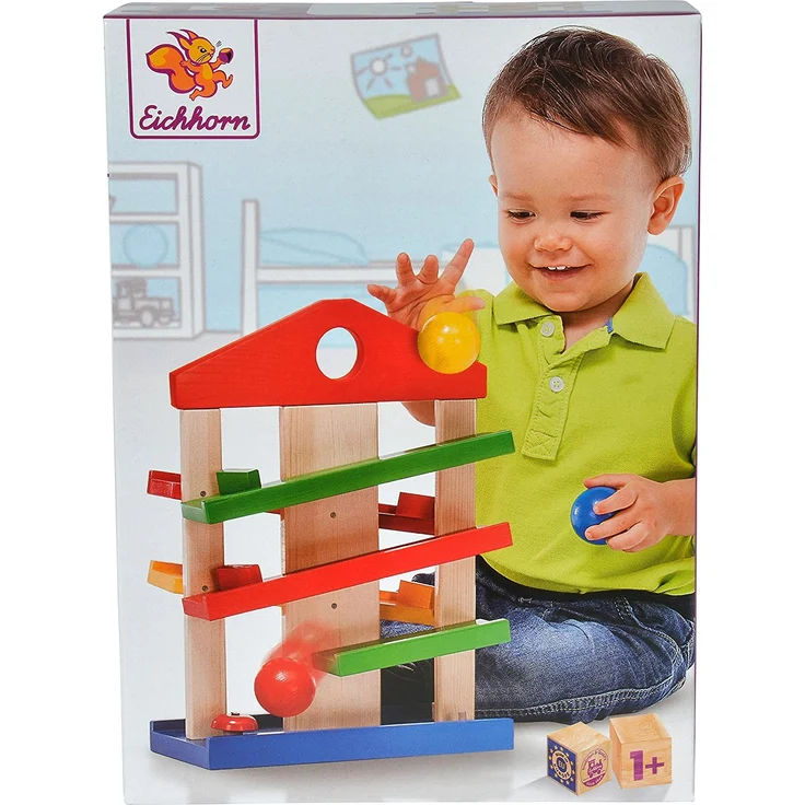 Eichhorn Kugelbahn-Haus, 4-teilig, bunte Rollbahn aus Holz mit Glocke und drei Kugeln Lindenholz, Motorikspielzeug für Kinder ab 1 Jahr, Größe: 25 x 34 cm – Bild 10