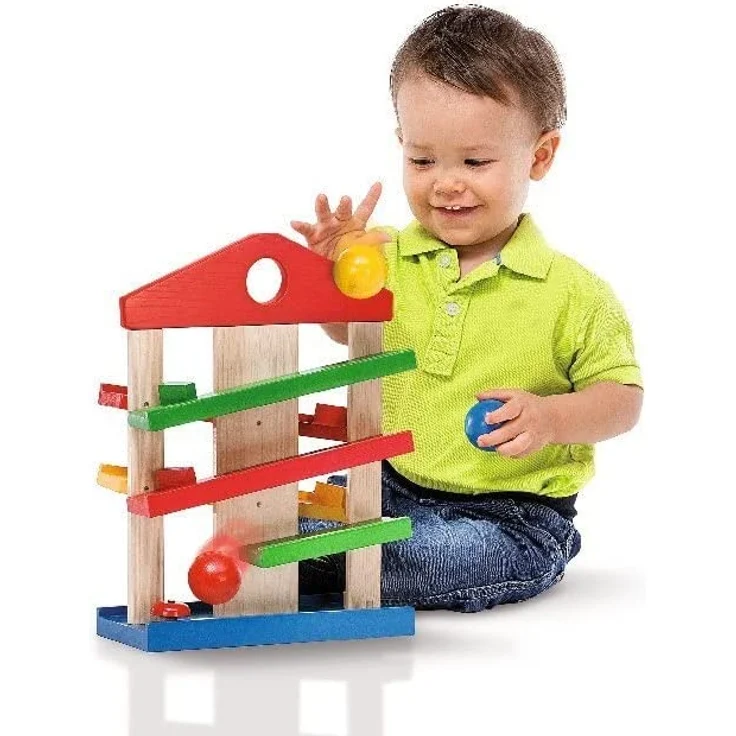 Eichhorn Kugelbahn-Haus, 4-teilig, bunte Rollbahn aus Holz mit Glocke und drei Kugeln Lindenholz, Motorikspielzeug für Kinder ab 1 Jahr, Größe: 25 x 34 cm – Bild 12