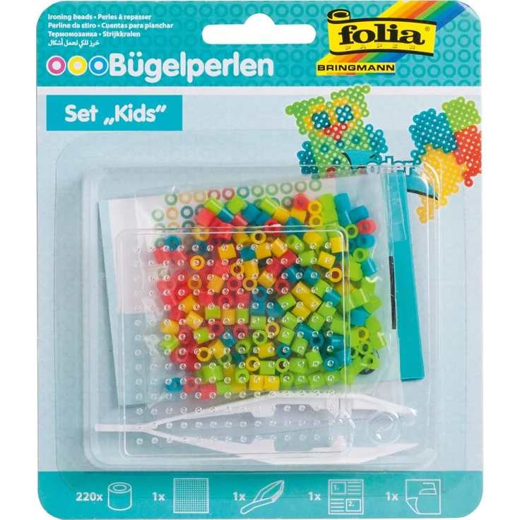 folia 73202 - Bügelperlen Starter Set Fun, mit einer quadratischen Stiftplatte, 220 Perlen, eine Pinzette, Bügelpapier und eine Anleitung – Bild 1