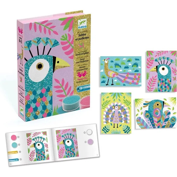 Djeco DJ08663 Kreativ Set Sandbilder Dazzling Birds mit Glitzersand, Multicolour