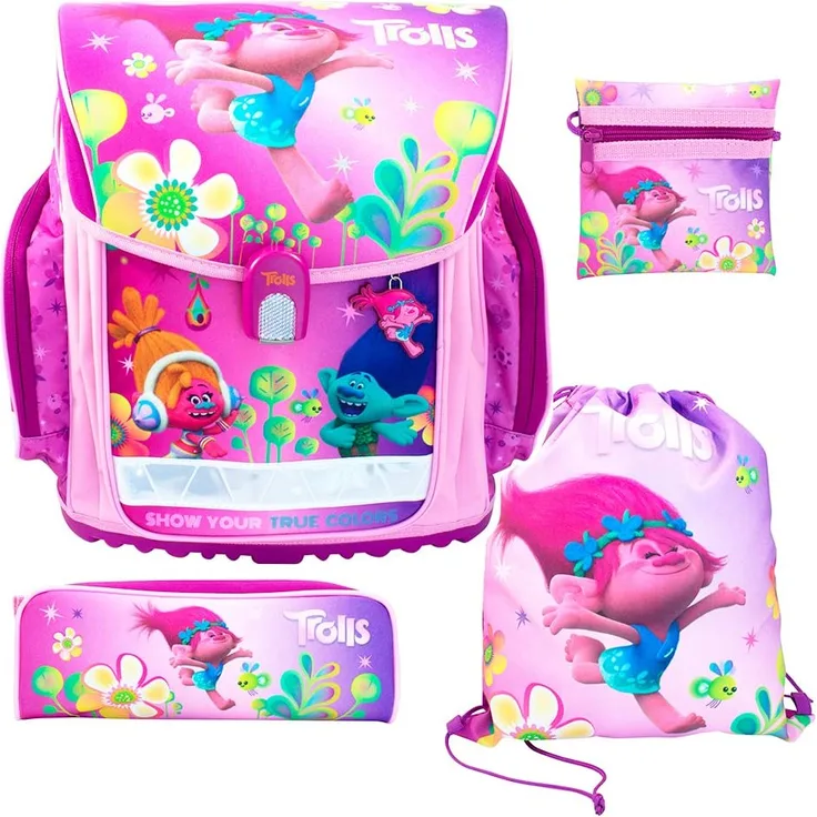 Stylex Schulrucksack-Set 4tlg. Stylex - Motiv: Trolls, 39 cm, 20 Liter, 1 kg - Farbe: bunt, mit reflektierenden Elementen
