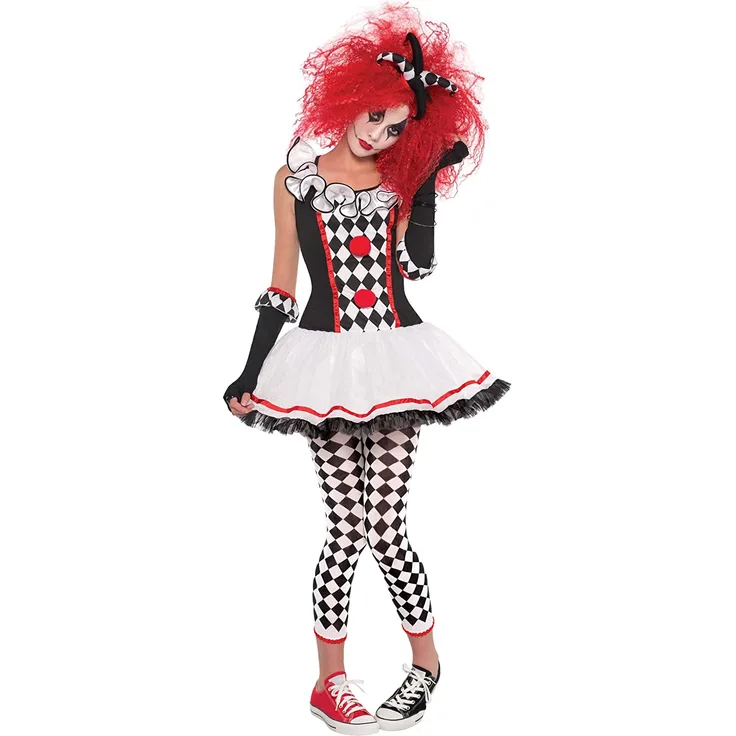 Amscam 997007 - Erwachsenenkostüm Harlekin Clown, Kleid, Haarband, Handschuhe, Strumpfhose, Halloween, Mottoparty, Karneval