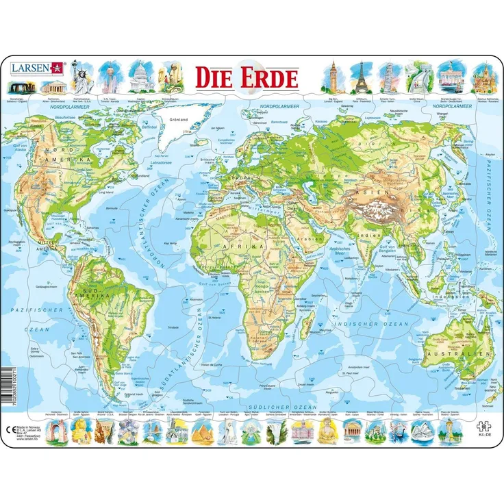 Larsen K4 Die physische Weltkarte, Deutsch Ausgabe, Rahmenpuzzle mit 80 Teilen