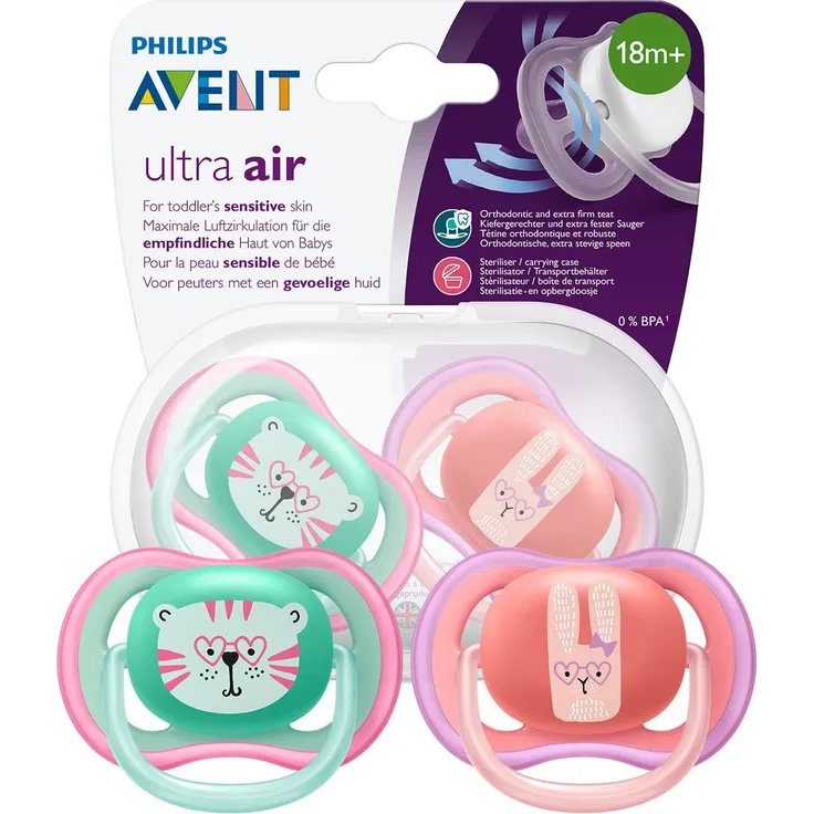 Philips Avent ultra air Schnuller SCF349/15, ab 18. Monate, extra fester Sauger, Doppelpack, Hase/Katze