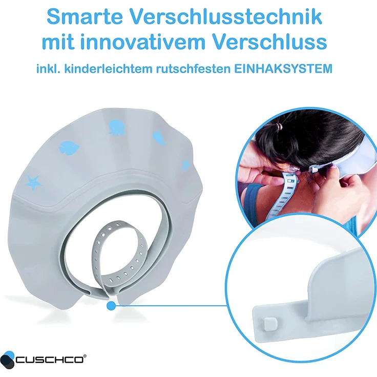 CUSCHCO® Duschhaube Kinder - Blau - Extrem wasserdicht bei angenehmen Komfort - Haarwaschhilfe Kinder mit extra leichter Verschlusstechnik – Bild 4