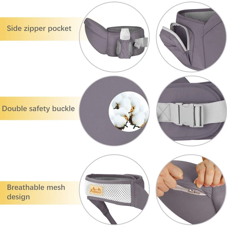 Viedouce Baby Hüftsitz Ergonomische mit Sicherheitsgurt Schutz,Reine Baumwolle Leicht und atmungsaktiv,Ergonomischer Leichte Taille Hocker Baby Hüftsitz für 4-36 Monate (Dunkelgrau) – Bild 5