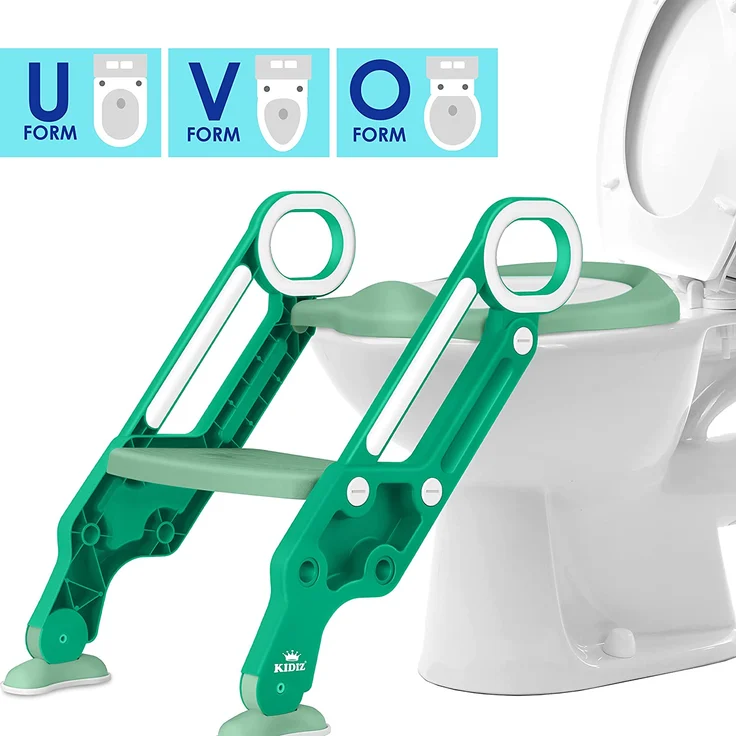 KIDIZ® Kinder Toilettensitz Toilettentrainer mit Treppe und Griffe Faltbar Kindertoilette WC Sitz Töpfchentrainer Lerntöpfchen bequemem Kissen und breiten Stufen Toilettentreppe höhenverstellbar Grün – Bild 3