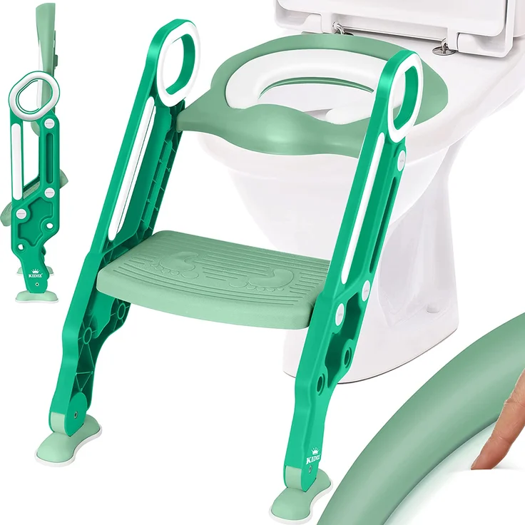 KIDIZ® Kinder Toilettensitz Toilettentrainer mit Treppe und Griffe Faltbar Kindertoilette WC Sitz Töpfchentrainer Lerntöpfchen bequemem Kissen und breiten Stufen Toilettentreppe höhenverstellbar Grün – Bild 1