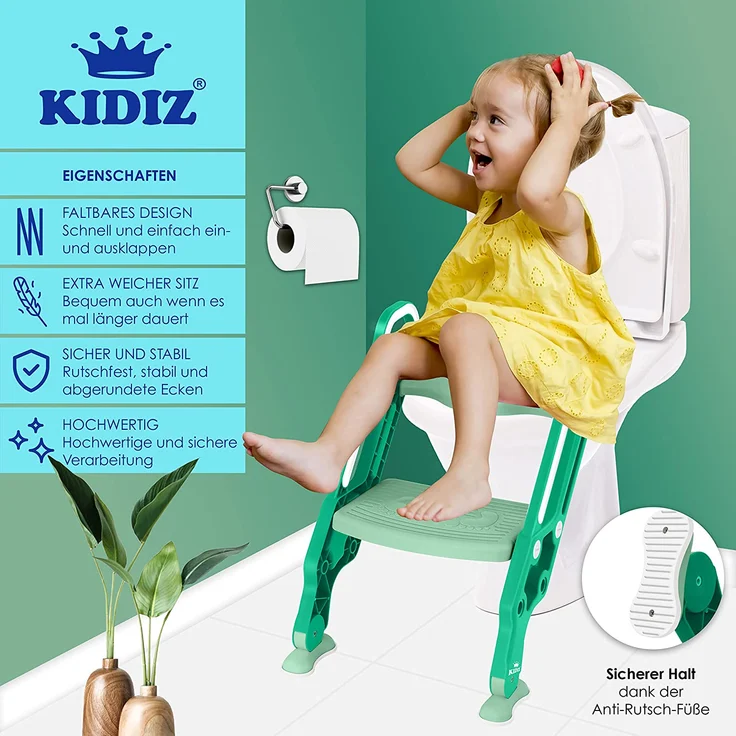 KIDIZ® Kinder Toilettensitz Toilettentrainer mit Treppe und Griffe Faltbar Kindertoilette WC Sitz Töpfchentrainer Lerntöpfchen bequemem Kissen und breiten Stufen Toilettentreppe höhenverstellbar Grün – Bild 2