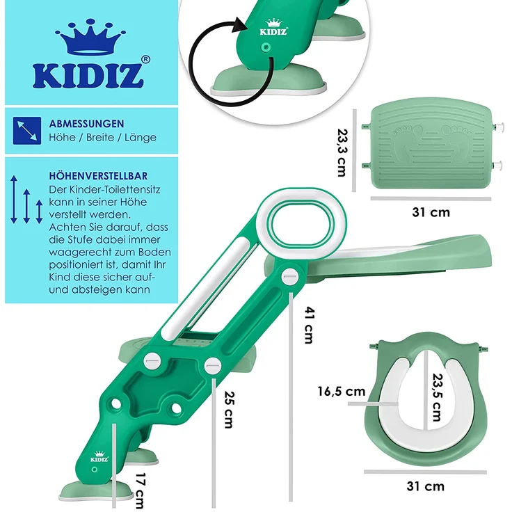 KIDIZ® Kinder Toilettensitz Toilettentrainer mit Treppe und Griffe Faltbar Kindertoilette WC Sitz Töpfchentrainer Lerntöpfchen bequemem Kissen und breiten Stufen Toilettentreppe höhenverstellbar Grün – Bild 7