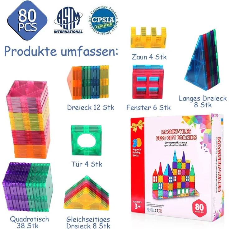 Magnetische Bausteine 80 Teile Magnetspielzeug Magnete Bauklötze Baukasten Kinder Magnetbausteine Perfekt für den Einsatz zu Hause, in Schulen, fürJungen und Mädchen 3 4 5 6 7 8 Jahre - Preisvergleich – Bild 6