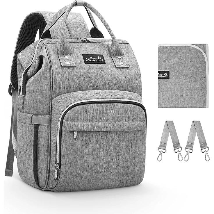 Viedouce Baby Wickelrucksack Wickeltasche Babytasche,Wasserdicht Oxford Große Kapazität für ausgehen,Multifunktional zum Rucksack mit 1 Stück Wickelauflage und 2 Kinderwagengurten (Grau) – Bild 1