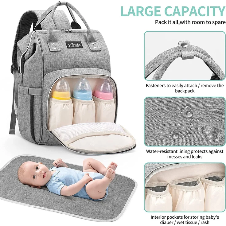 Viedouce Baby Wickelrucksack Wickeltasche Babytasche,Wasserdicht Oxford Große Kapazität für ausgehen,Multifunktional zum Rucksack mit 1 Stück Wickelauflage und 2 Kinderwagengurten (Grau) – Bild 4