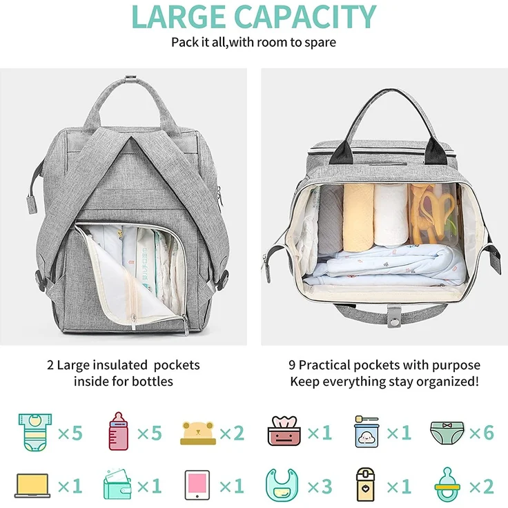 Viedouce Baby Wickelrucksack Wickeltasche Babytasche,Wasserdicht Oxford Große Kapazität für ausgehen,Multifunktional zum Rucksack mit 1 Stück Wickelauflage und 2 Kinderwagengurten (Grau) – Bild 6