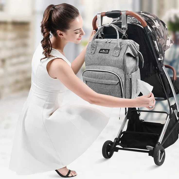 Viedouce Baby Wickelrucksack Wickeltasche Babytasche,Wasserdicht Oxford Große Kapazität für ausgehen,Multifunktional zum Rucksack mit 1 Stück Wickelauflage und 2 Kinderwagengurten (Grau) – Bild 3