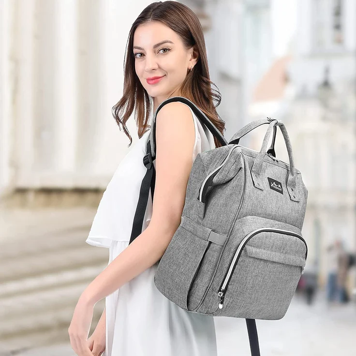 Viedouce Baby Wickelrucksack Wickeltasche Babytasche,Wasserdicht Oxford Große Kapazität für ausgehen,Multifunktional zum Rucksack mit 1 Stück Wickelauflage und 2 Kinderwagengurten (Grau) – Bild 2
