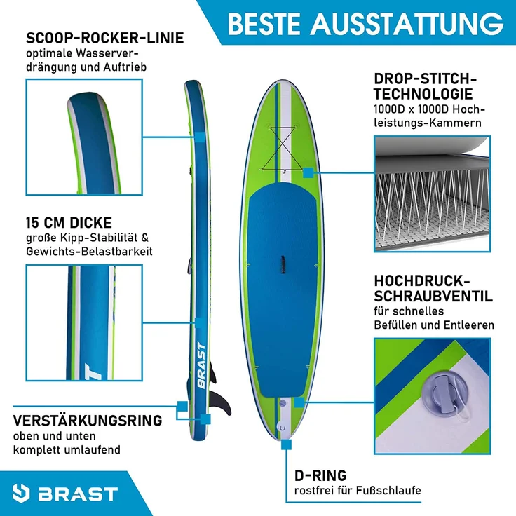 BRAST SUP Board Shark Aufblasbares Stand up Paddle Set 320x81x15cm Grün incl. Zubehör Fußschlaufe Paddel Pumpe Rucksack – Bild 4